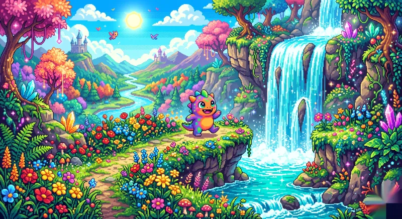Cena de fantasia vibrante em pixel art, 