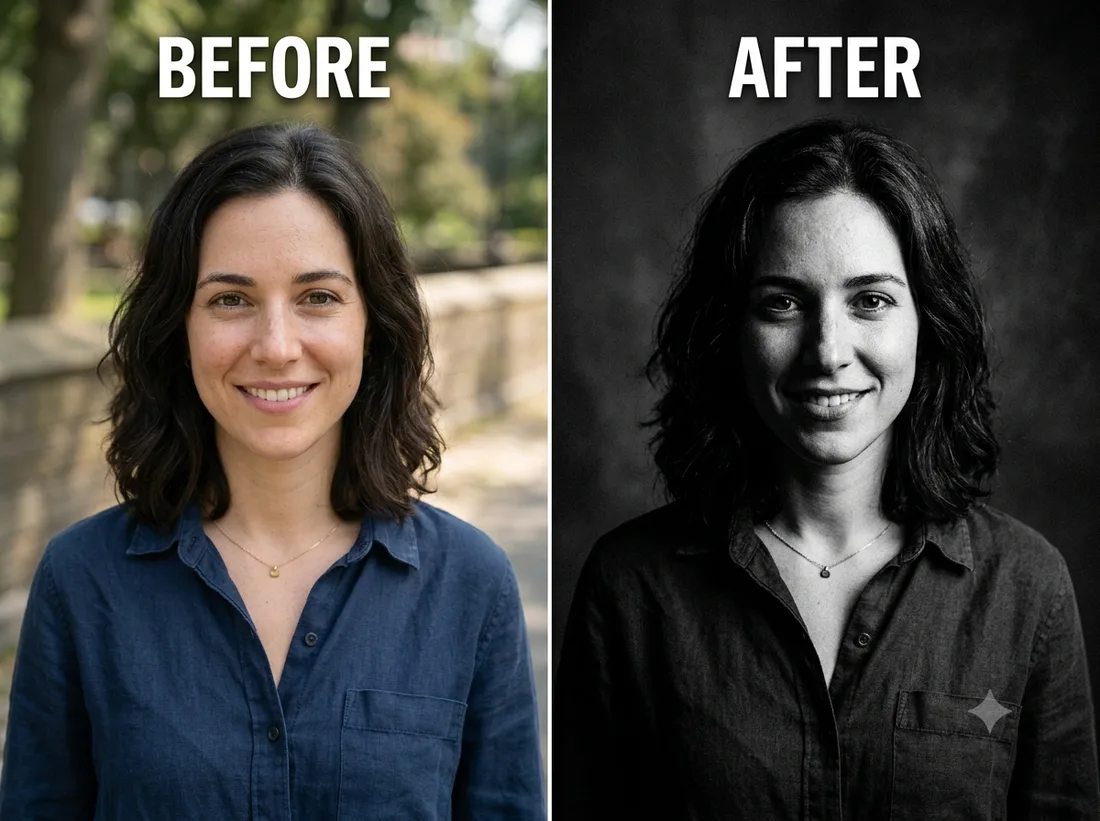 Dramatic B&W Portrait — before and after